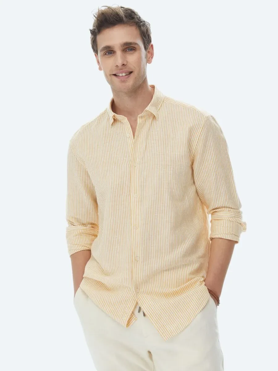 Saffron Striped Regular Fit Weaving Casual Cotton Blended Shirt - 1