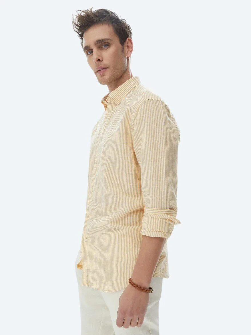 Saffron Striped Regular Fit Weaving Casual Cotton Blended Shirt - 5