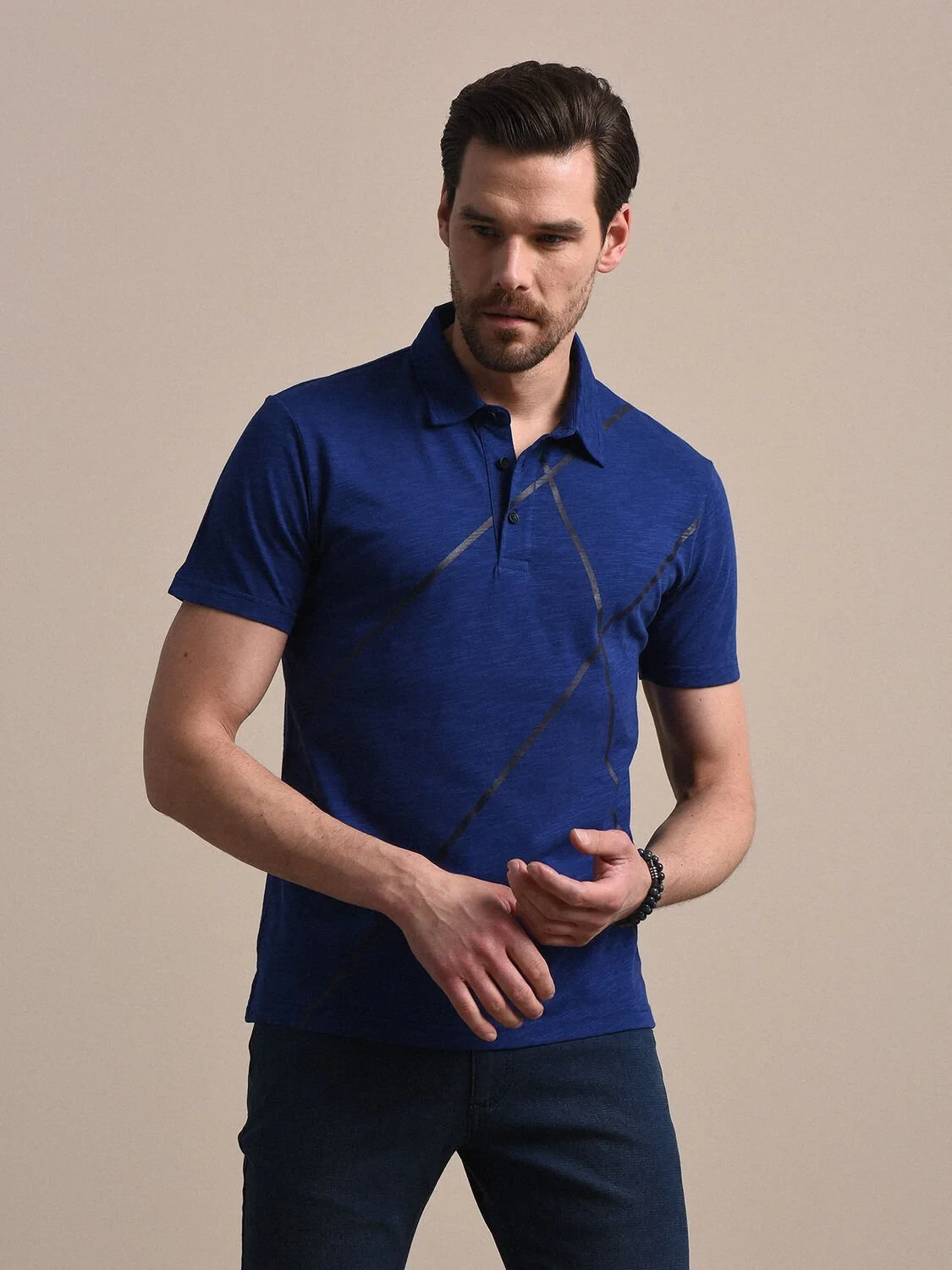 Saks Baskılı Polo Yaka %100 Pamuk T-Shirt - 1