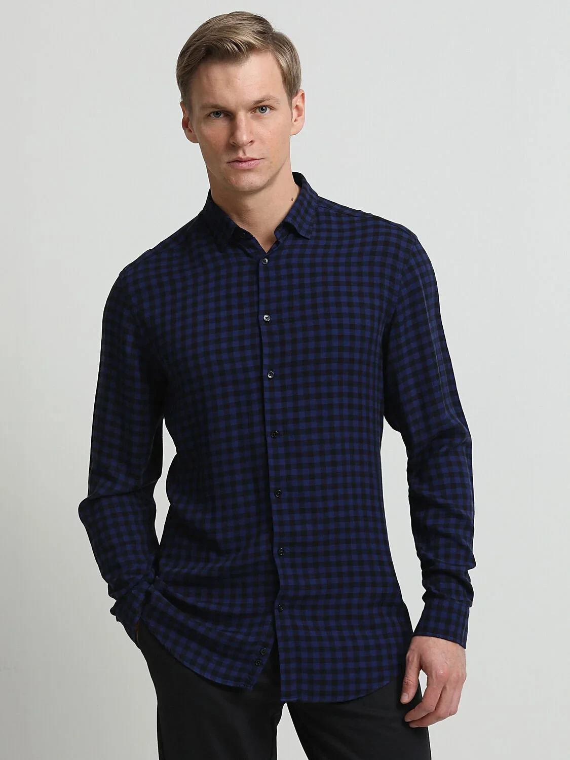 Saks Kareli Regular Fit Dokuma Casual %100 Yün Gömlek - 1