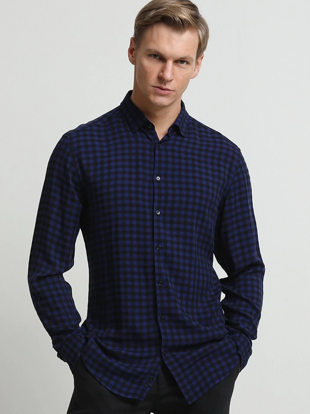 Saks Kareli Regular Fit Dokuma Casual %100 Yün Gömlek - 3