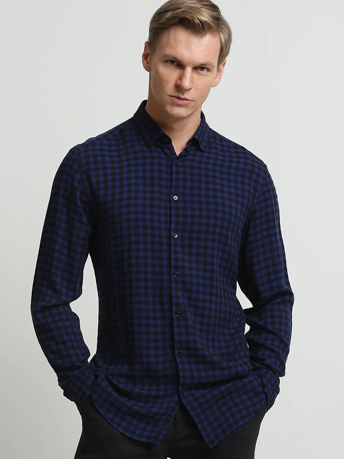 Saks Kareli Regular Fit Dokuma Casual %100 Yün Gömlek - 3
