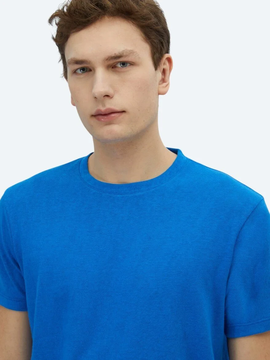 Saks Plain Crew Neck Cotton Blended T-Shirt - 3