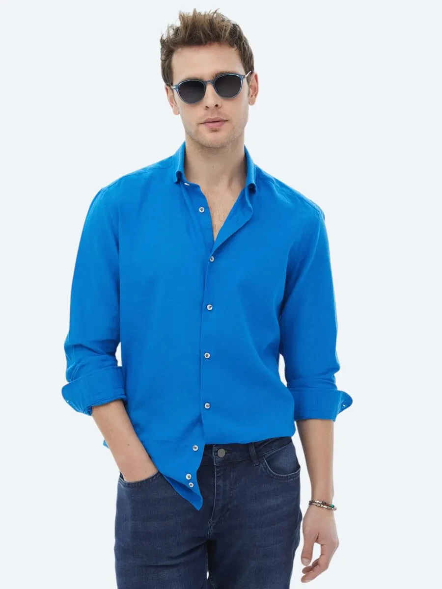 Saks Plain Regular Fit Weaving Casual Cotton Blended Shirt - 1