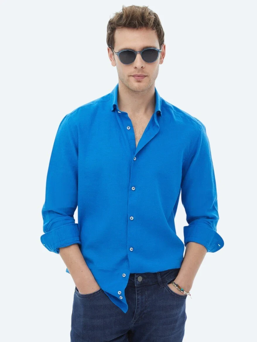 Saks Plain Regular Fit Weaving Casual Cotton Blended Shirt - 2