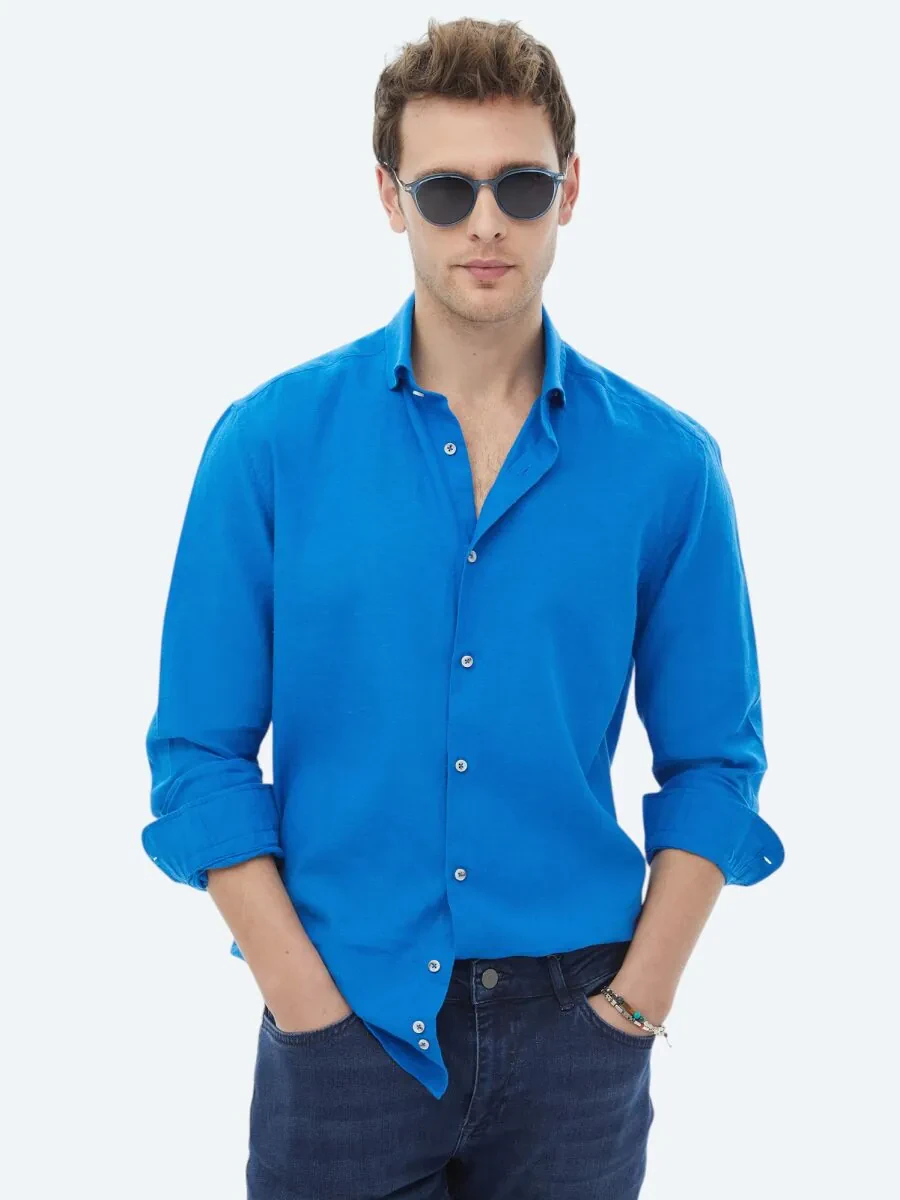 Saks Plain Regular Fit Weaving Casual Cotton Blended Shirt - 2