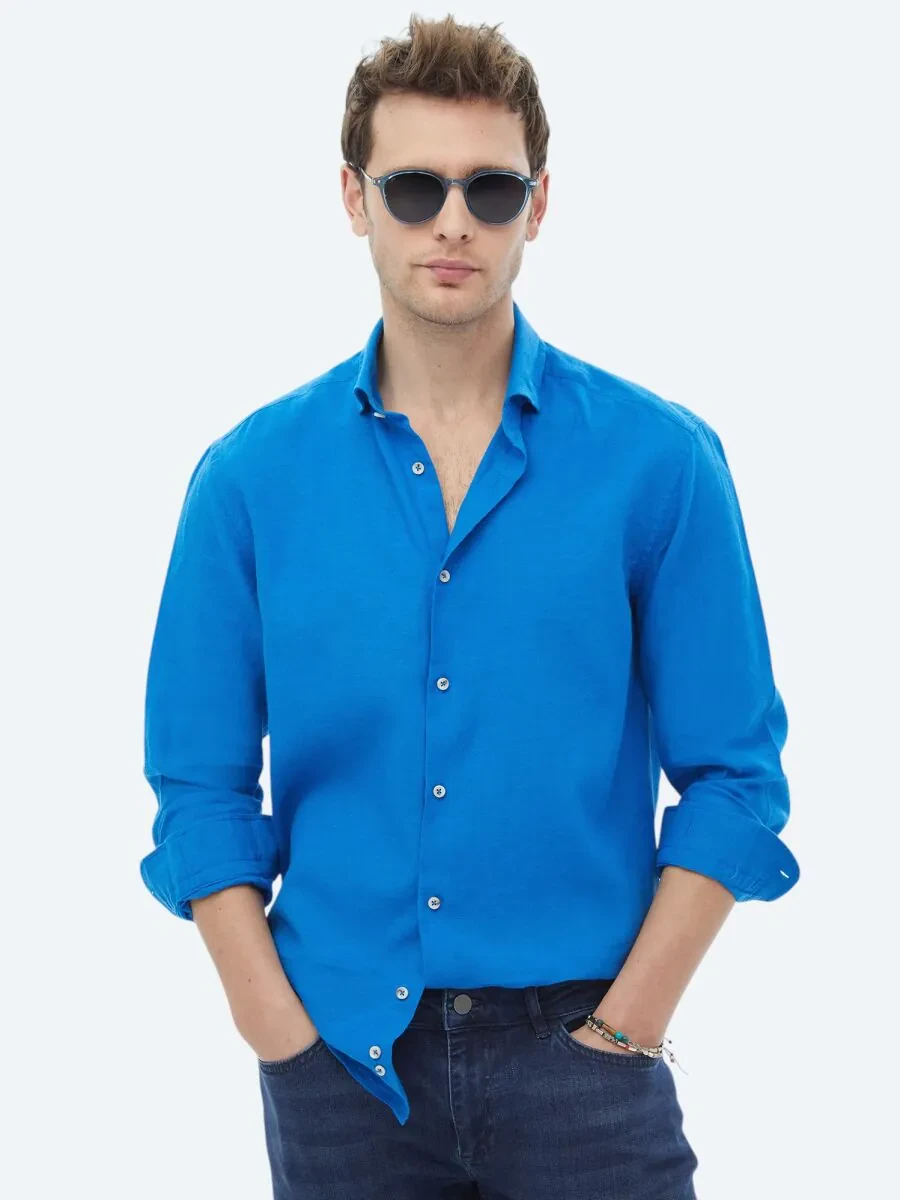 Saks Plain Regular Fit Weaving Casual Cotton Blended Shirt - 5
