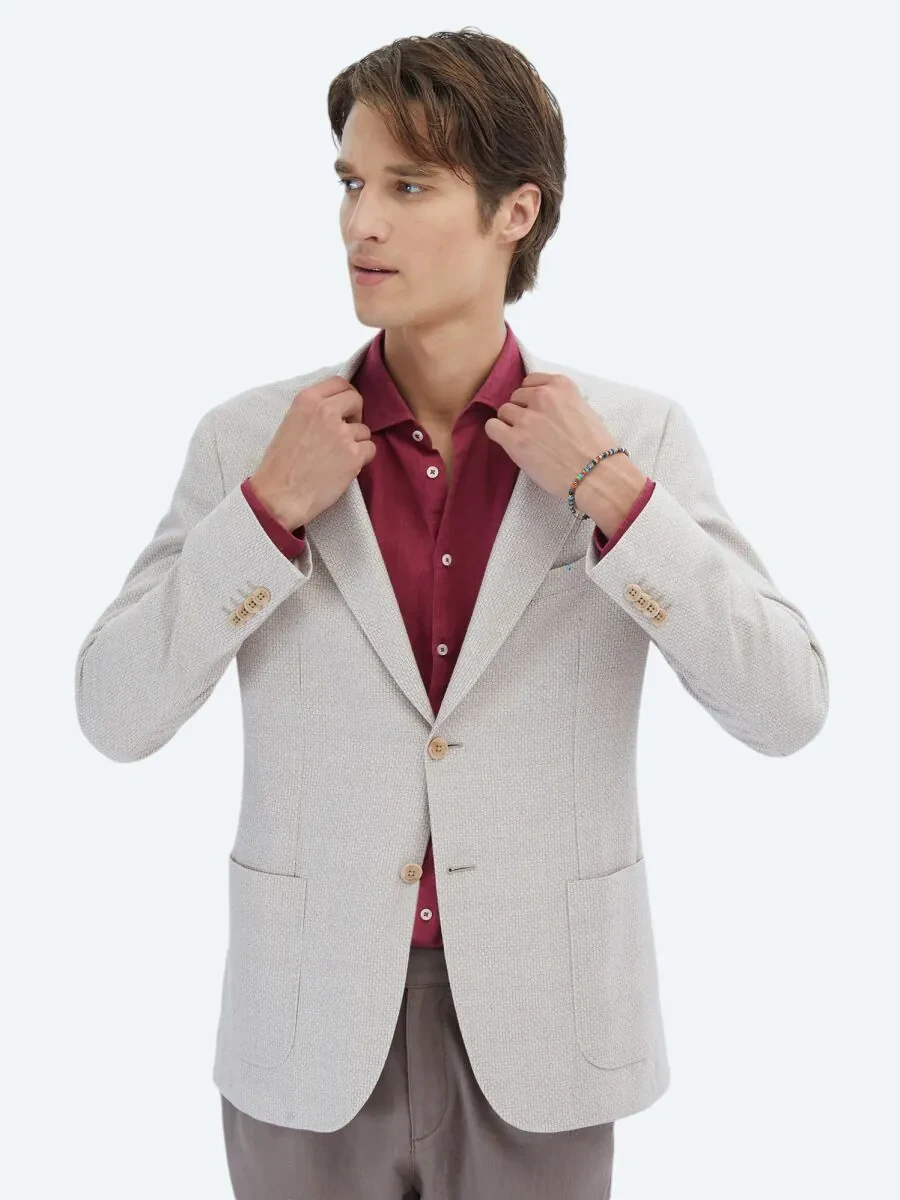 Salmon Patterned Modern Fit Linen Blended Jacket - 3
