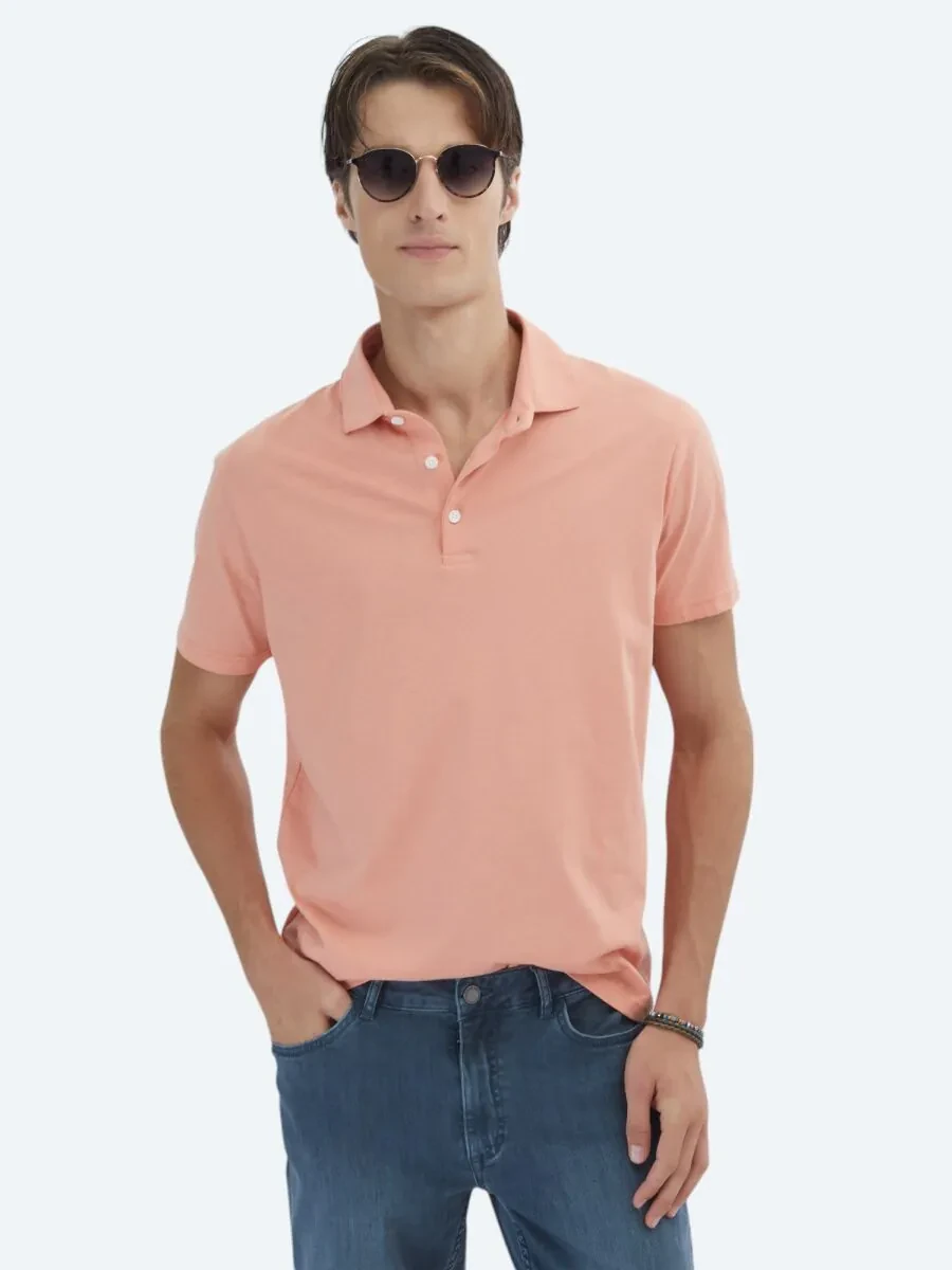 Salmon Plain Polo Neck 100% Cotton T-Shirt - 1