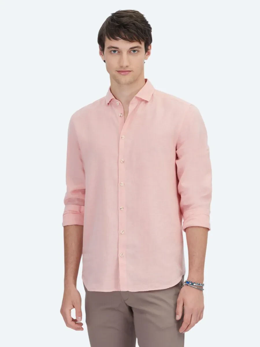 Salmon Plain Weaving Casual Cotton Blended Shirt - 1