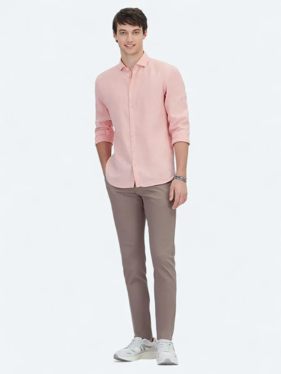 Salmon Plain Weaving Casual Cotton Blended Shirt - 2