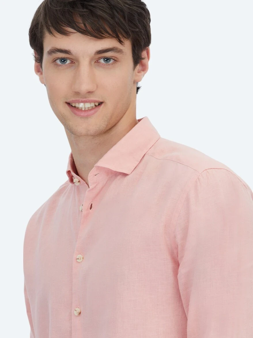 Salmon Plain Weaving Casual Cotton Blended Shirt - 3