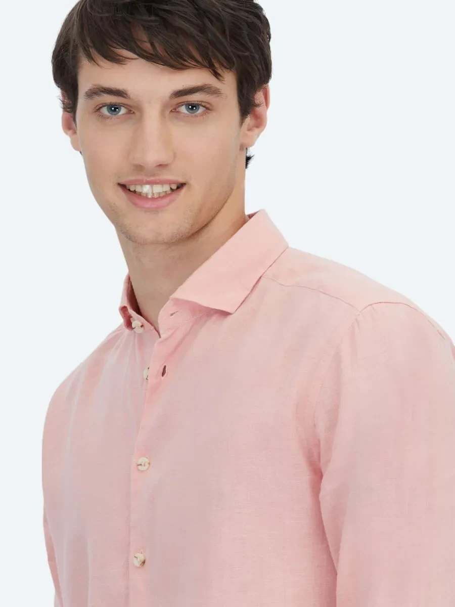 Salmon Plain Weaving Casual Cotton Blended Shirt - 3