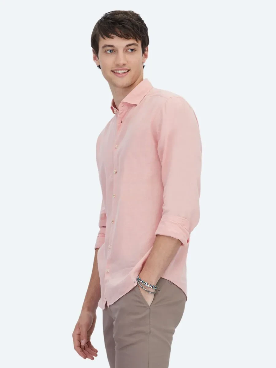 Salmon Plain Weaving Casual Cotton Blended Shirt - 5