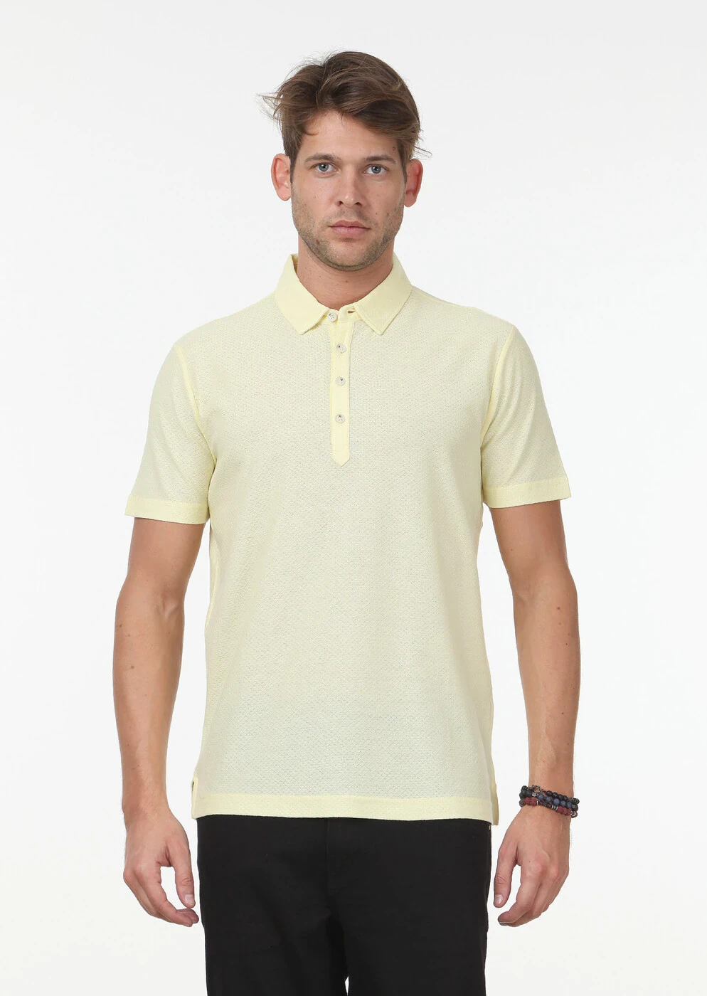 Sarı Jakarlı Polo Yaka %100 Pamuk T-Shirt - 1