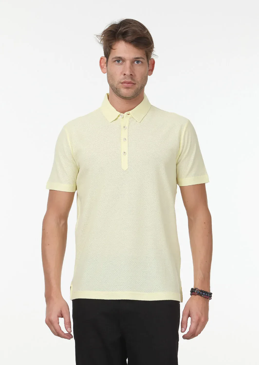 Sarı Jakarlı Polo Yaka %100 Pamuk T-Shirt - 1