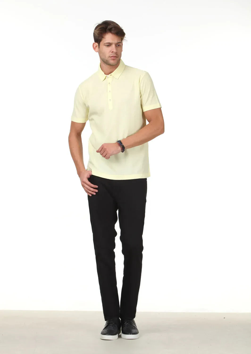 Sarı Jakarlı Polo Yaka %100 Pamuk T-Shirt - 2