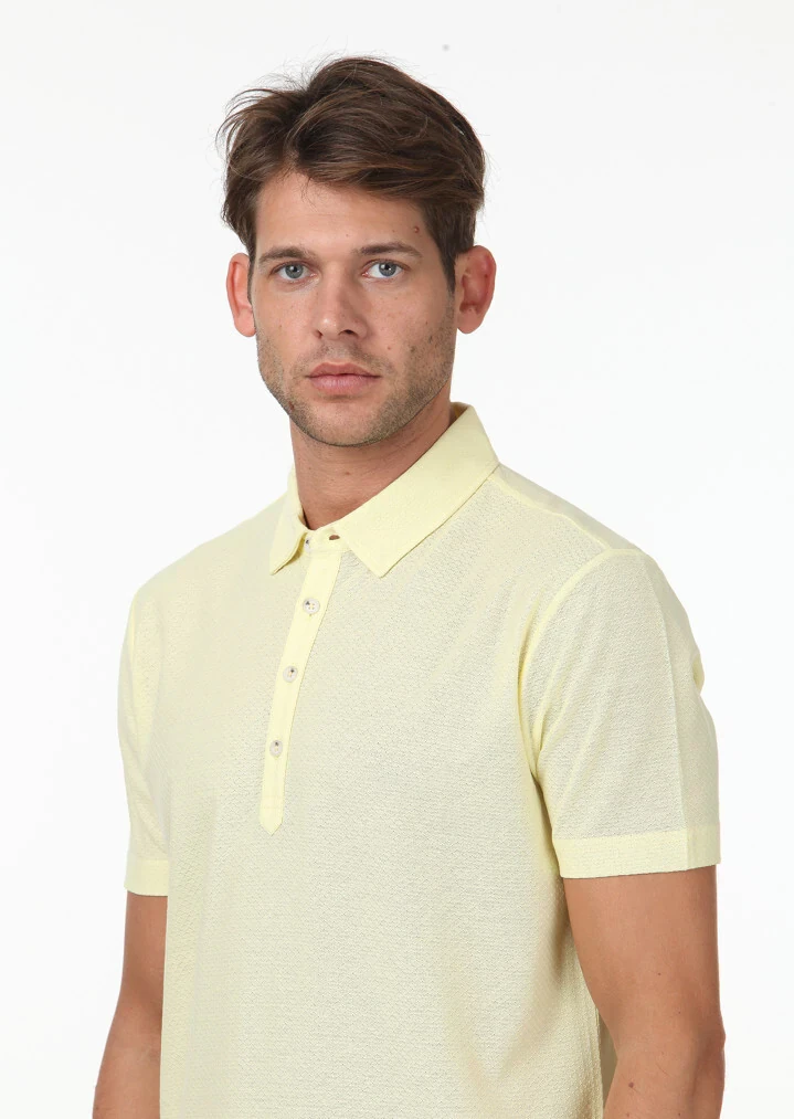Sarı Jakarlı Polo Yaka %100 Pamuk T-Shirt - 3