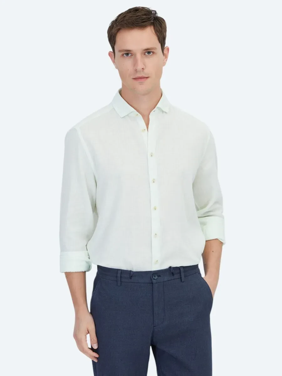 See Green Plain Weaving Casual Cotton Blended Shirt - 1