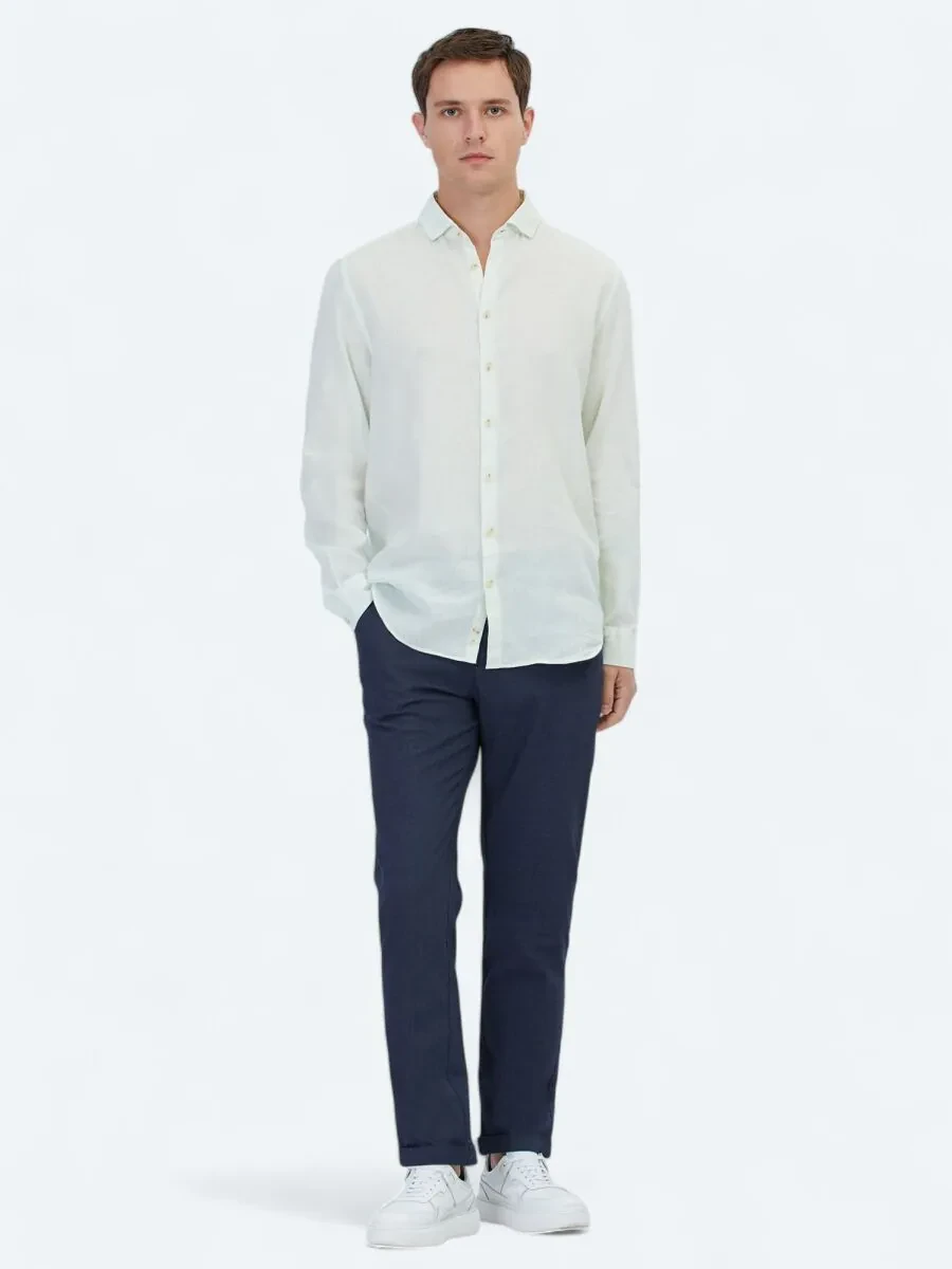 See Green Plain Weaving Casual Cotton Blended Shirt - 2