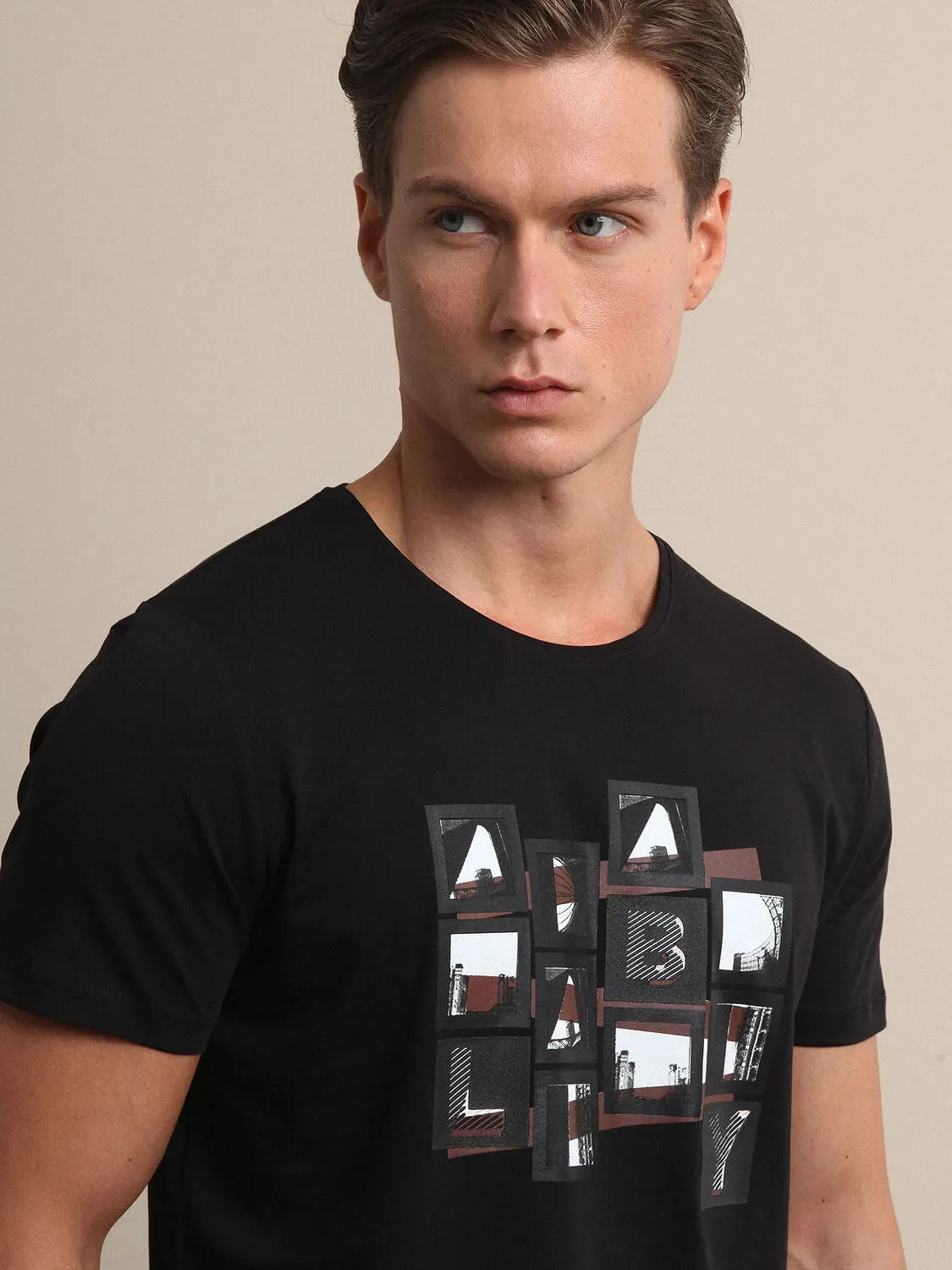 Siyah Baskılı %100 Pamuk T-Shirt - 1