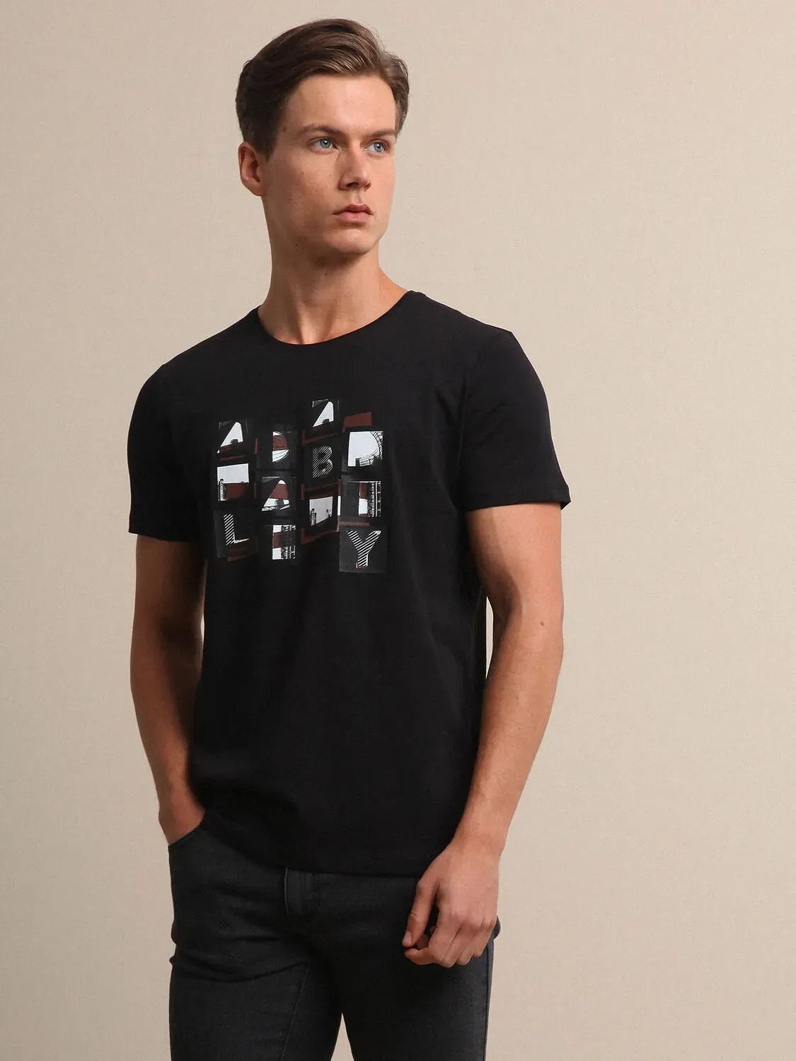 Siyah Baskılı %100 Pamuk T-Shirt - 2