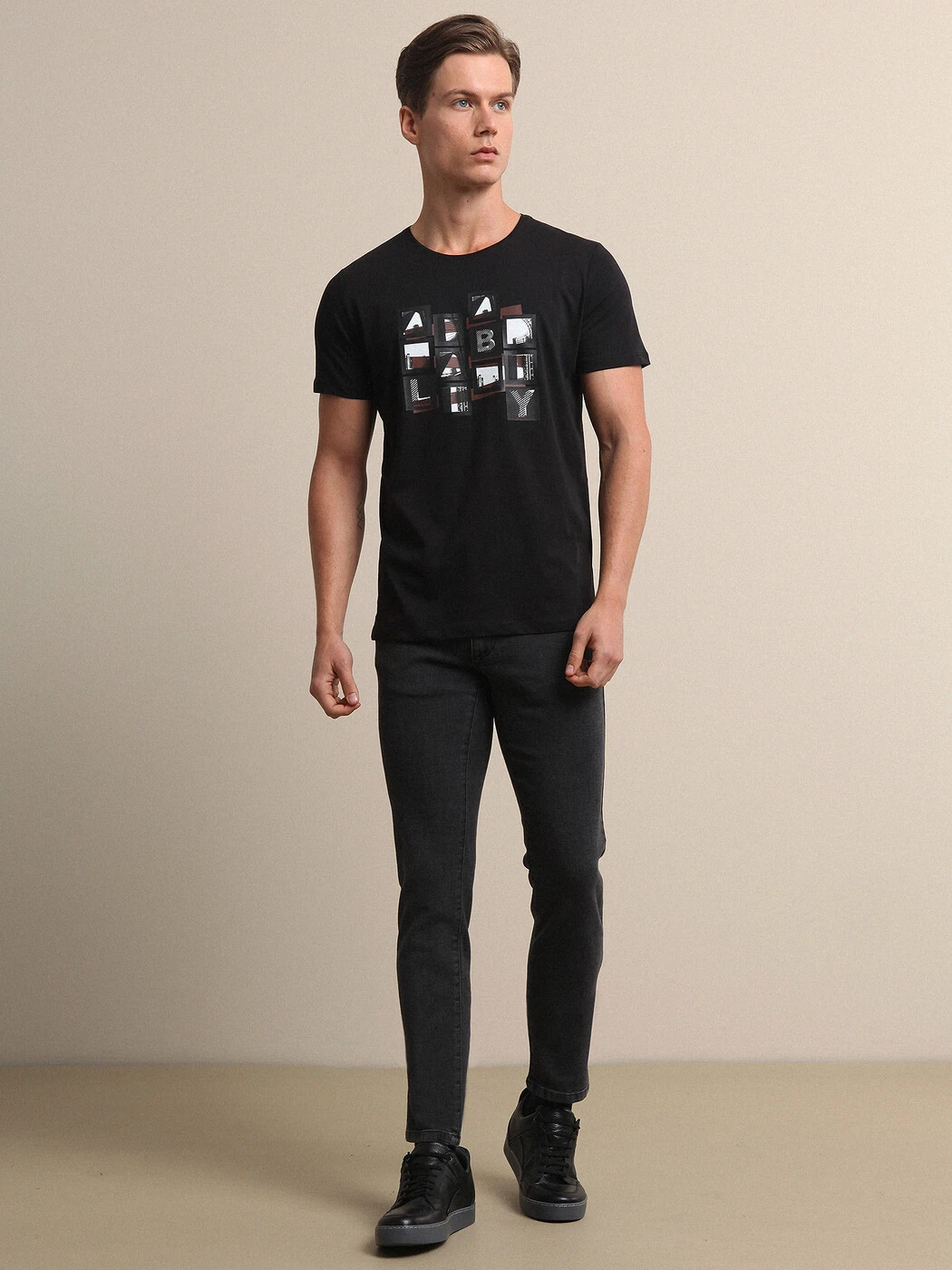 Siyah Baskılı %100 Pamuk T-Shirt - 3