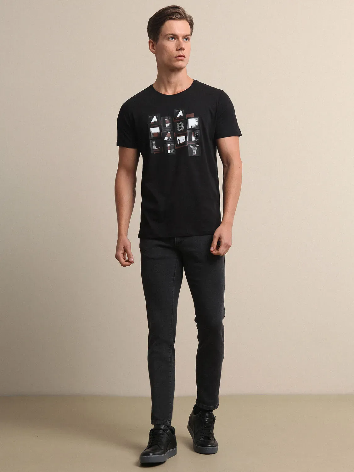 Siyah Baskılı %100 Pamuk T-Shirt - 3