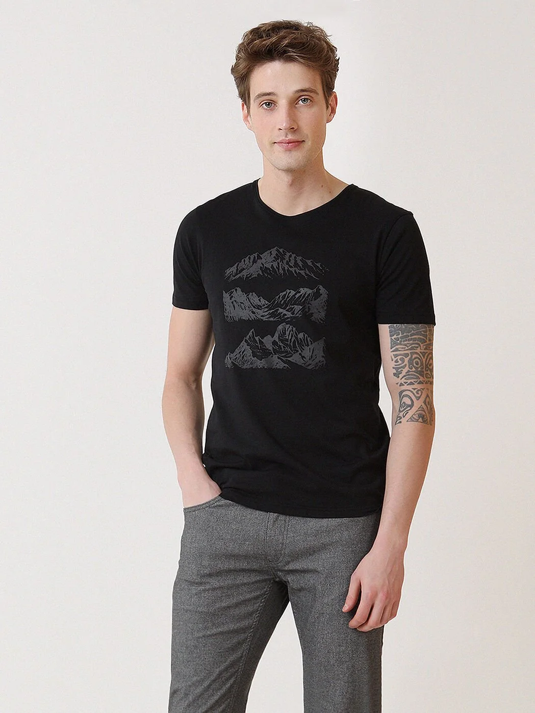 Siyah Baskılı Bisiklet Yaka %100 Pamuk T-Shirt - 3