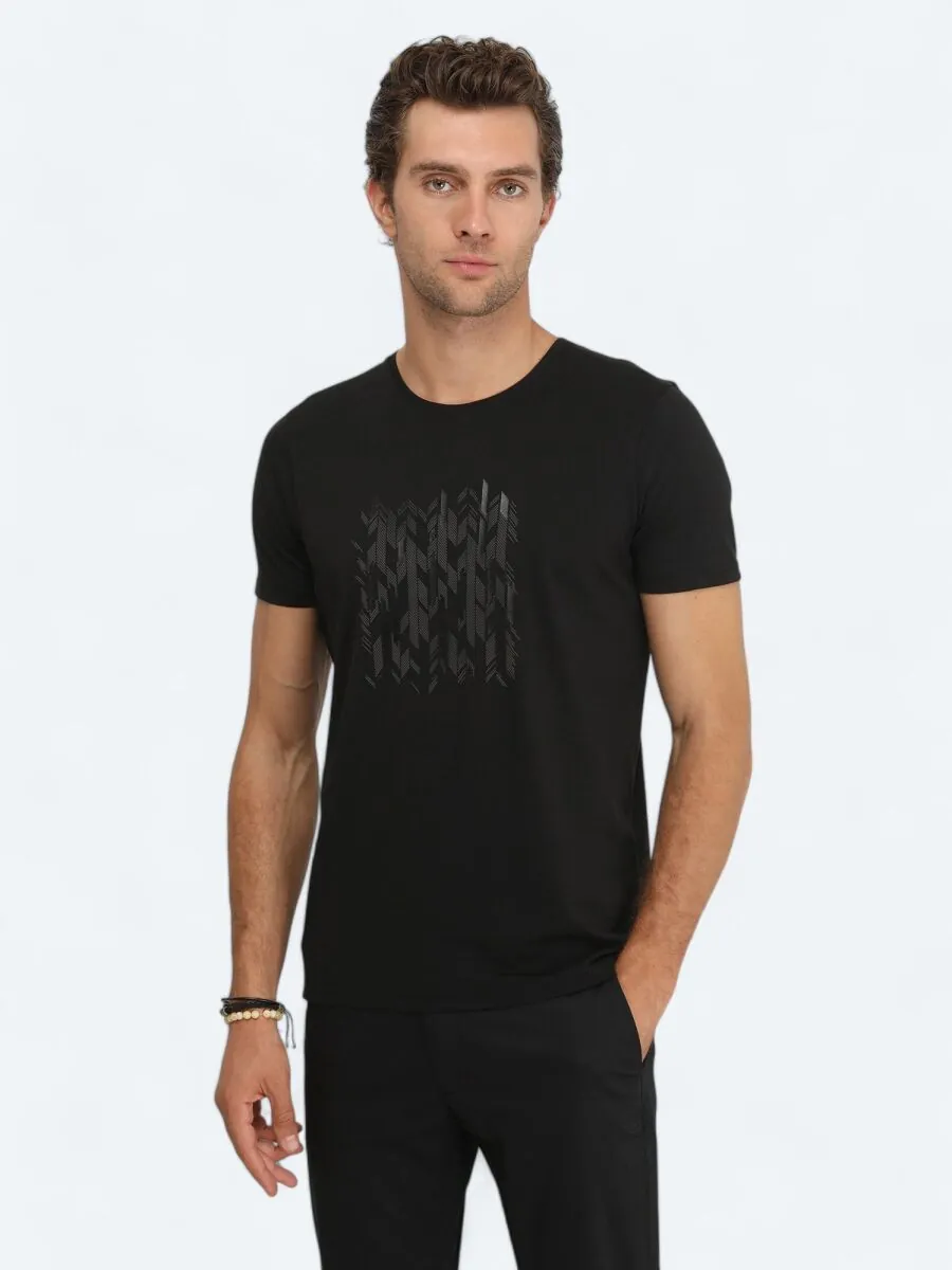 Siyah Baskılı Bisiklet Yaka %100 Pamuk T-Shirt - 1