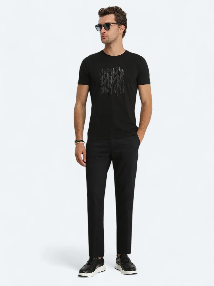 Siyah Baskılı Bisiklet Yaka %100 Pamuk T-Shirt - 2