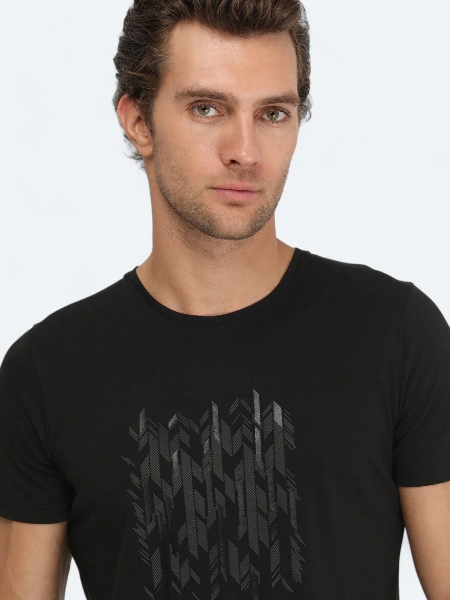 Siyah Baskılı Bisiklet Yaka %100 Pamuk T-Shirt - 3