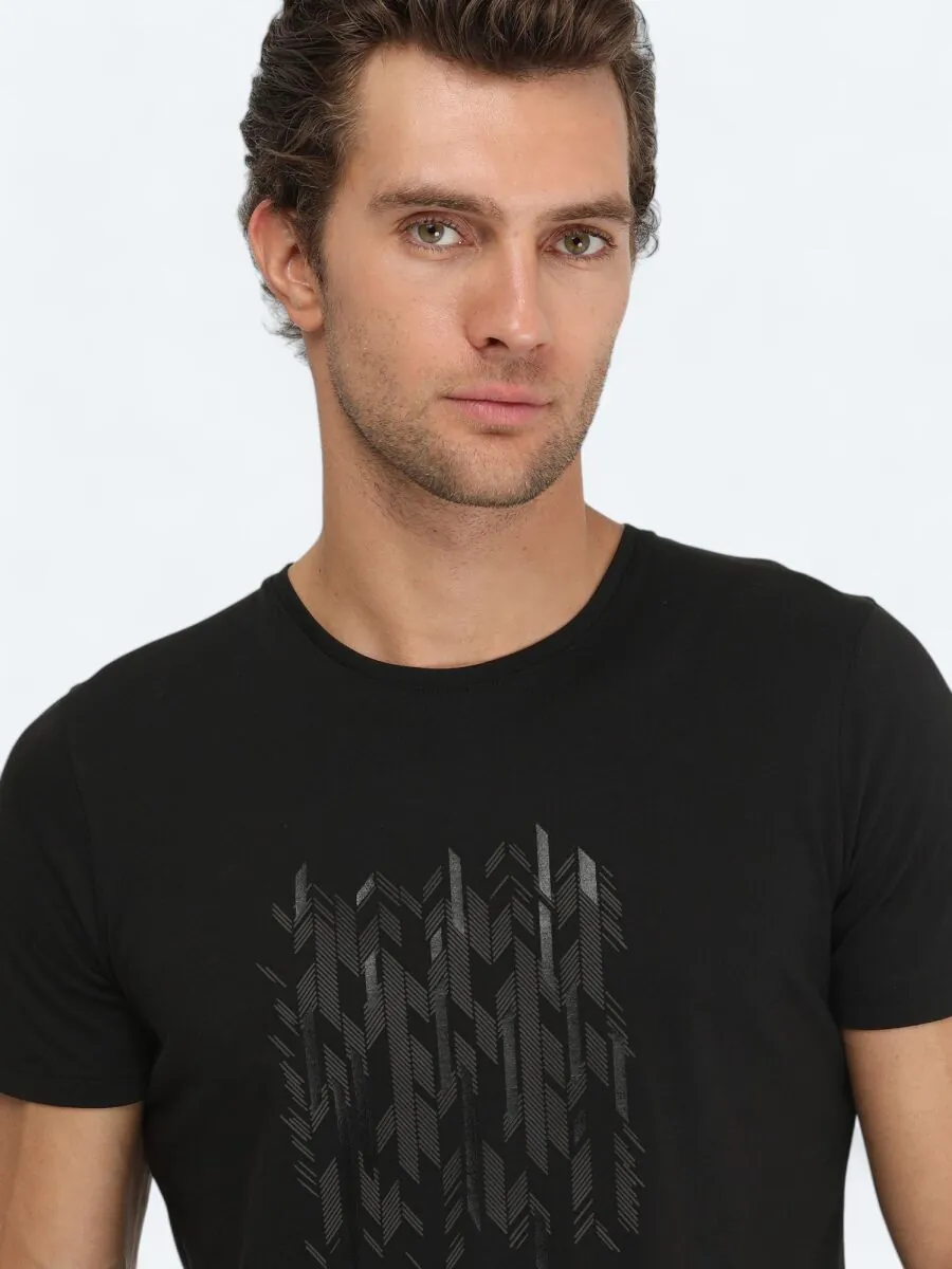 Siyah Baskılı Bisiklet Yaka %100 Pamuk T-Shirt - 3