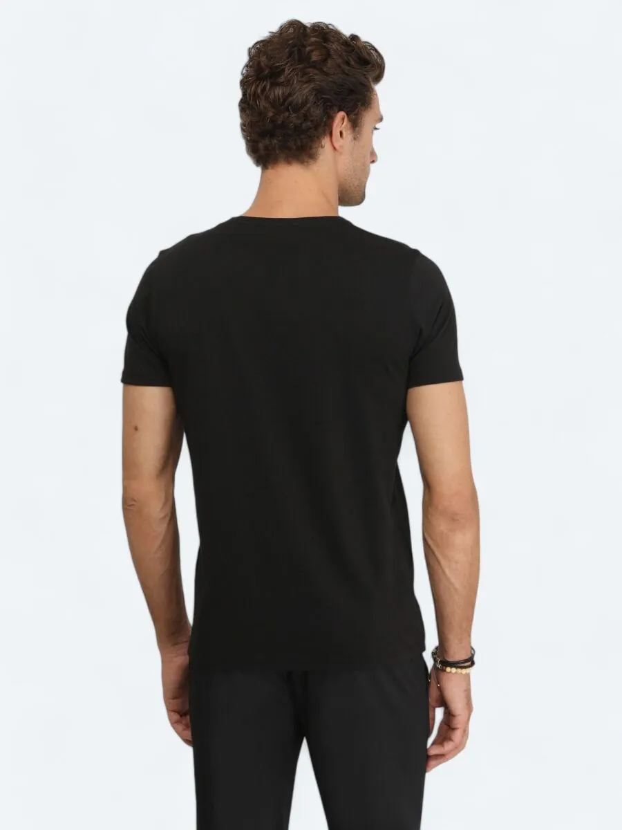 Siyah Baskılı Bisiklet Yaka %100 Pamuk T-Shirt - 4