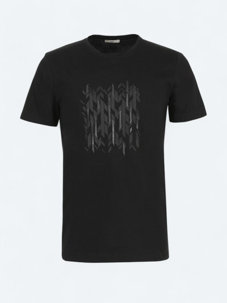 Siyah Baskılı Bisiklet Yaka %100 Pamuk T-Shirt - 5
