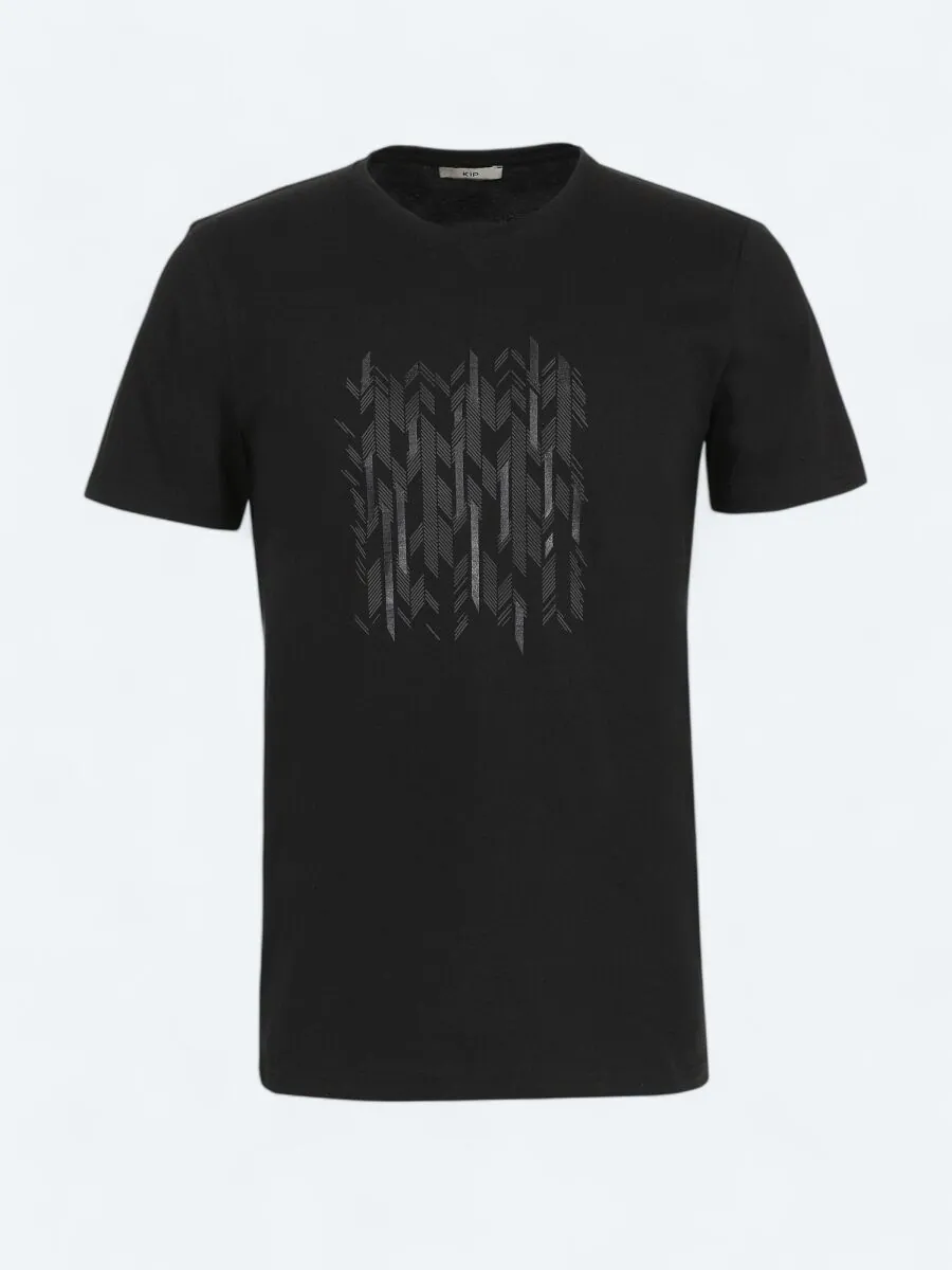 Siyah Baskılı Bisiklet Yaka %100 Pamuk T-Shirt - 5