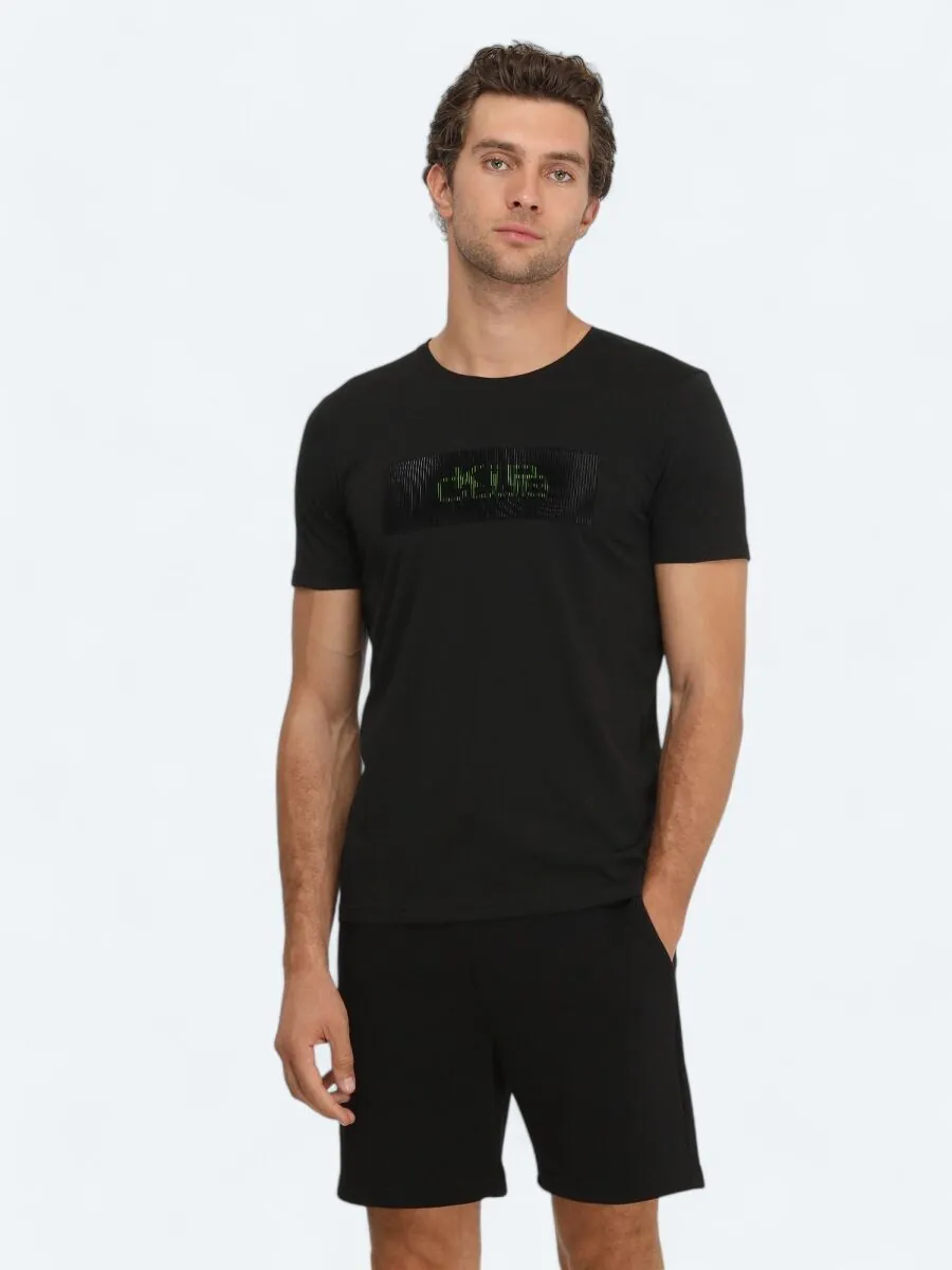 Siyah Baskılı Bisiklet Yaka %100 Pamuk T-Shirt - 1