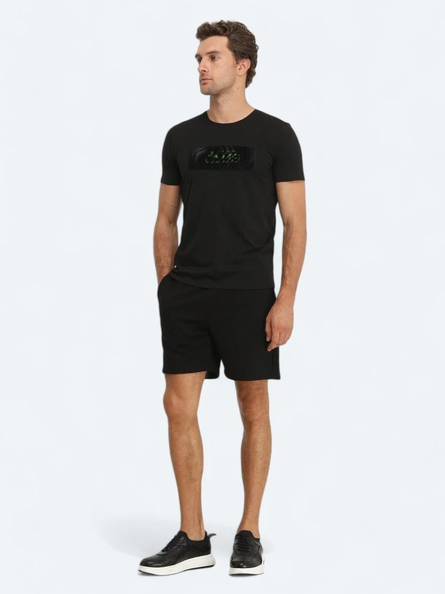 Siyah Baskılı Bisiklet Yaka %100 Pamuk T-Shirt - 2