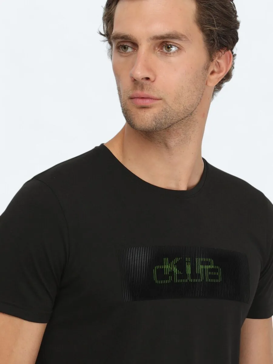 Siyah Baskılı Bisiklet Yaka %100 Pamuk T-Shirt - 3