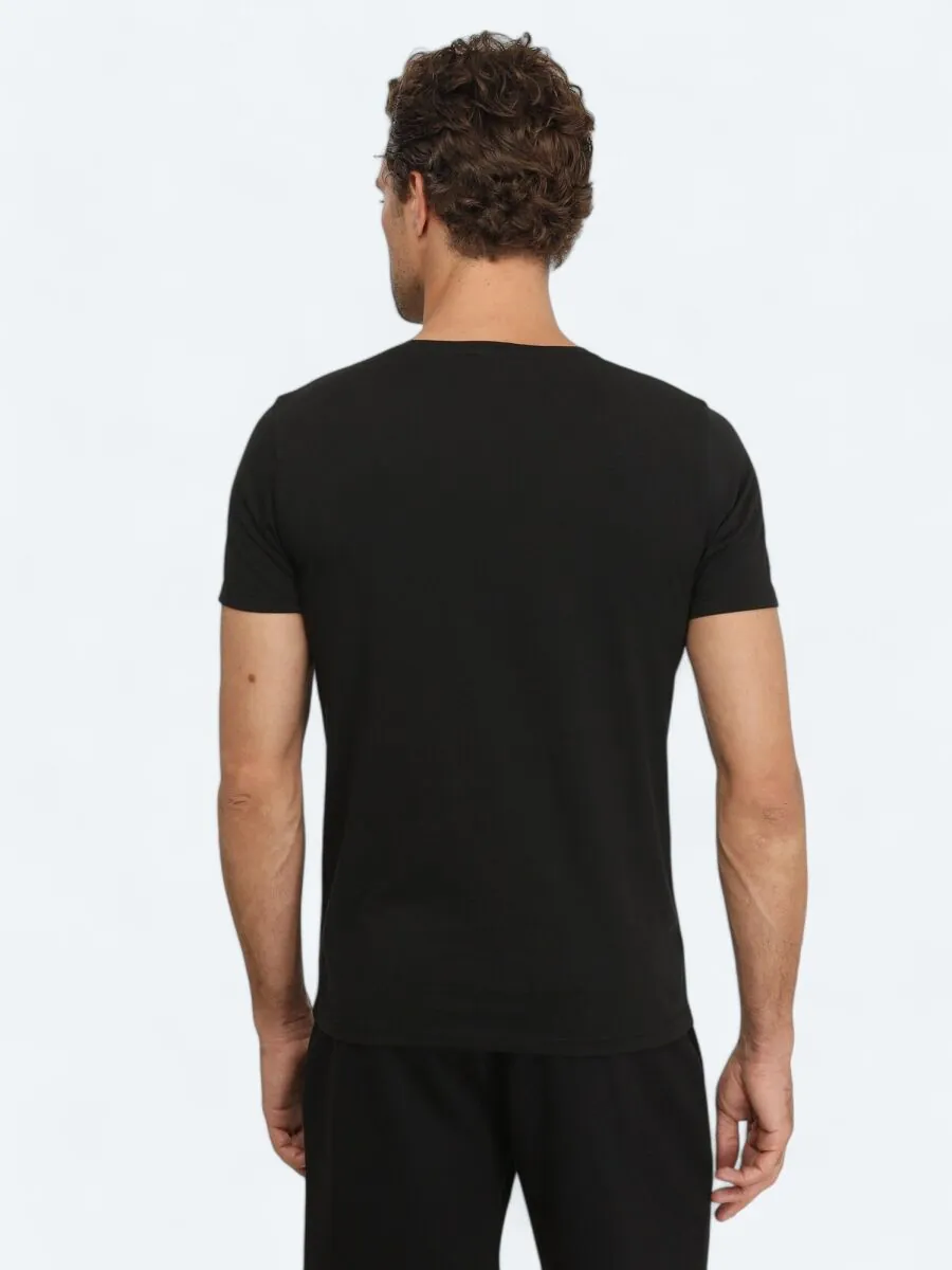 Siyah Baskılı Bisiklet Yaka %100 Pamuk T-Shirt - 5