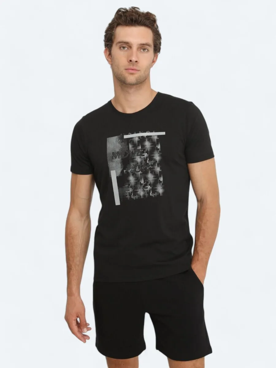 Siyah Baskılı Bisiklet Yaka %100 Pamuk T-Shirt - 1