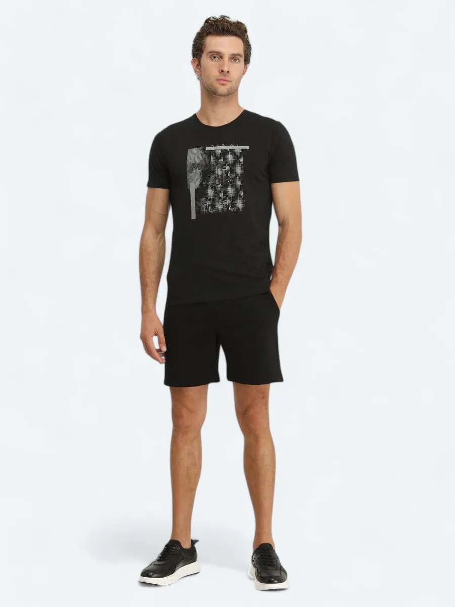 Siyah Baskılı Bisiklet Yaka %100 Pamuk T-Shirt - 2