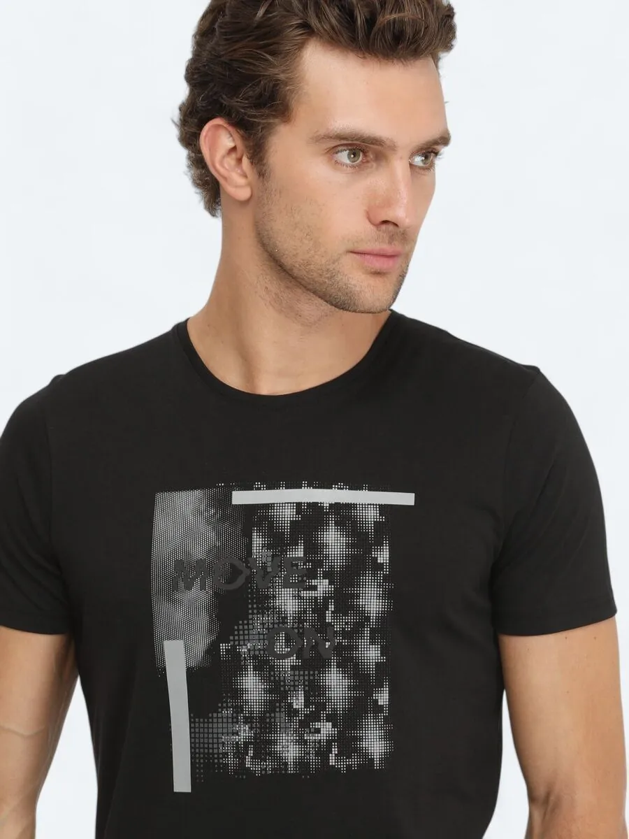 Siyah Baskılı Bisiklet Yaka %100 Pamuk T-Shirt - 3