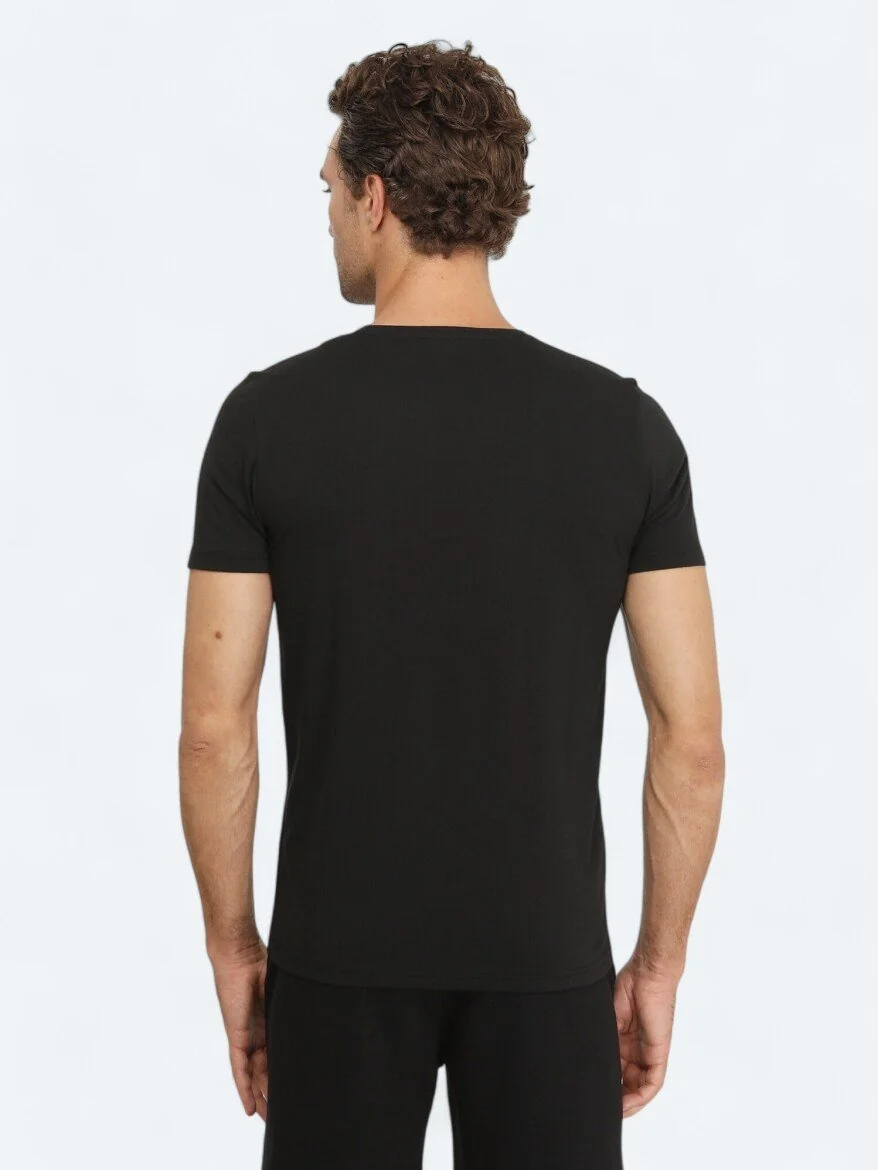 Siyah Baskılı Bisiklet Yaka %100 Pamuk T-Shirt - 4
