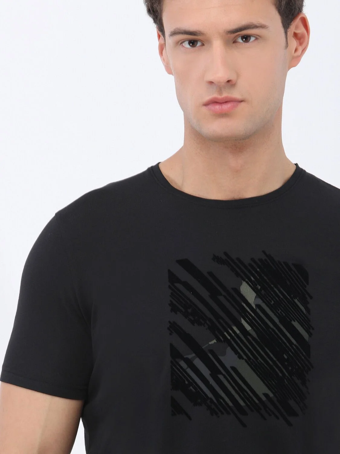 Siyah Baskılı Bisiklet Yaka %100 Pamuk T-Shirt - 3