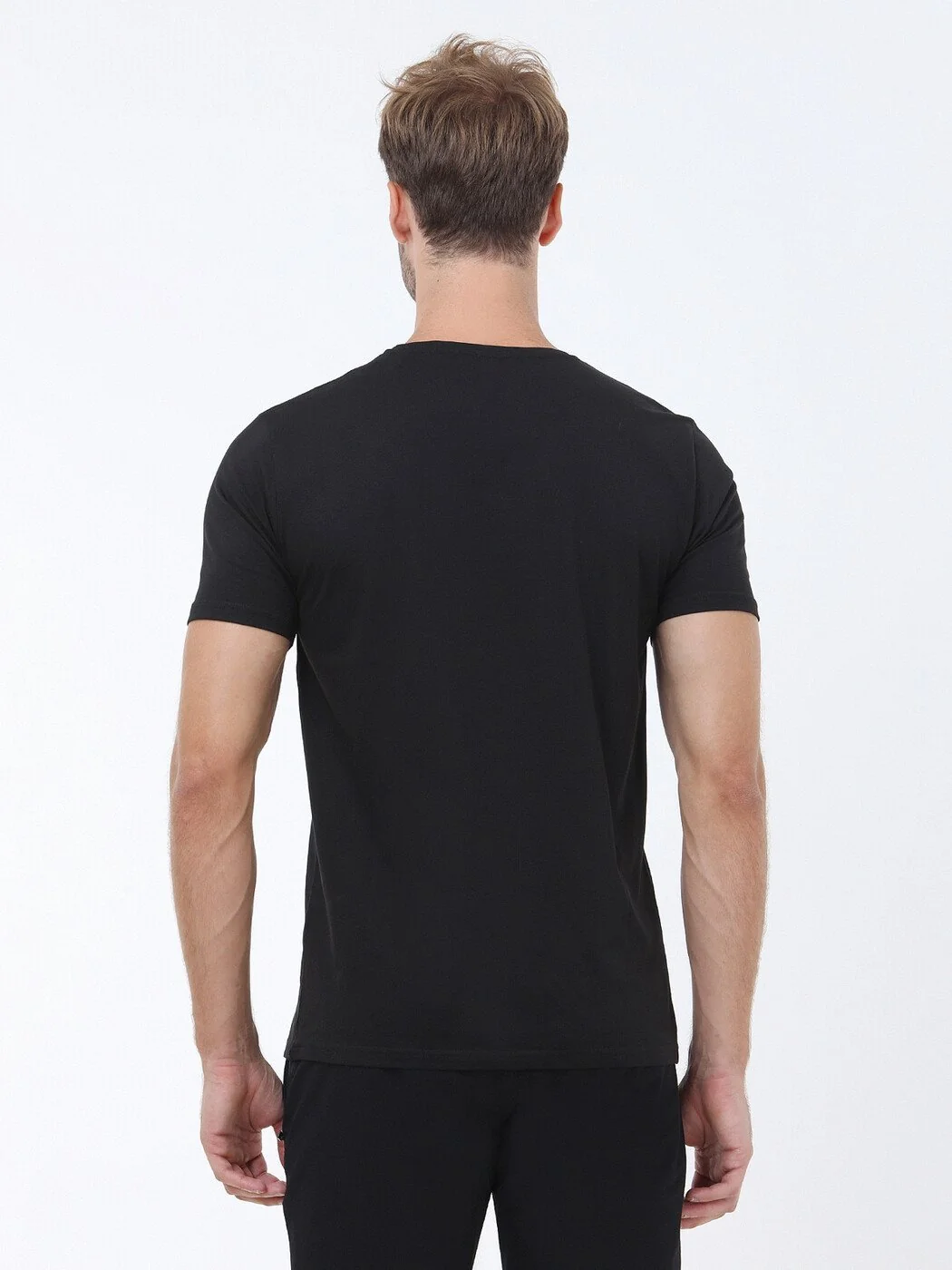 Siyah Baskılı Bisiklet Yaka %100 Pamuk T-Shirt - 5