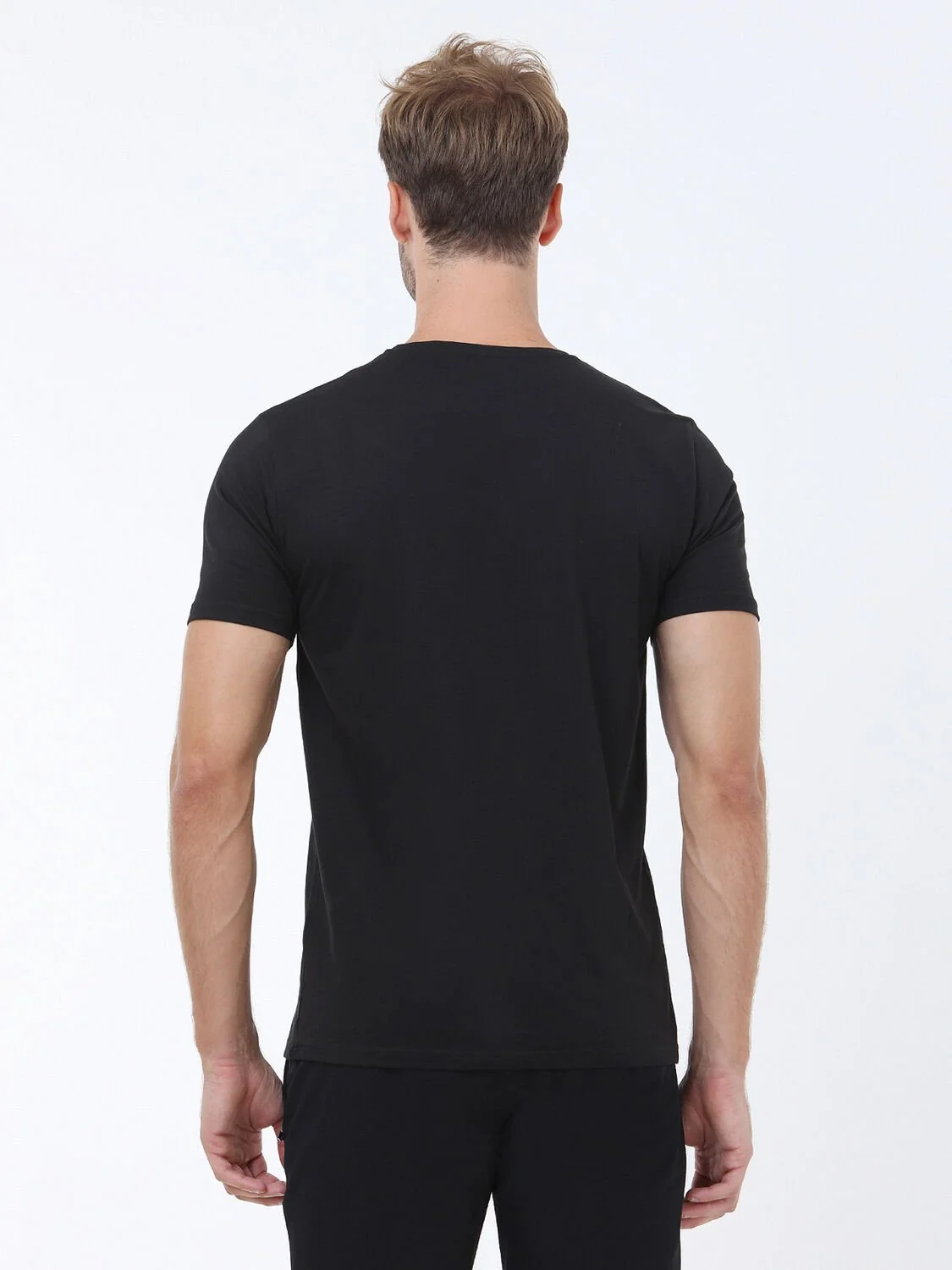 Siyah Baskılı Bisiklet Yaka %100 Pamuk T-Shirt - 5