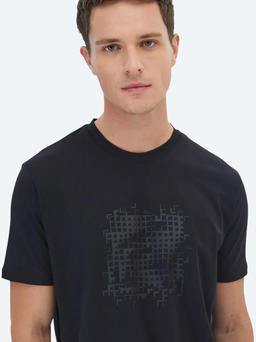 Siyah Baskılı Bisiklet Yaka %100 Pamuk T-Shirt - 3