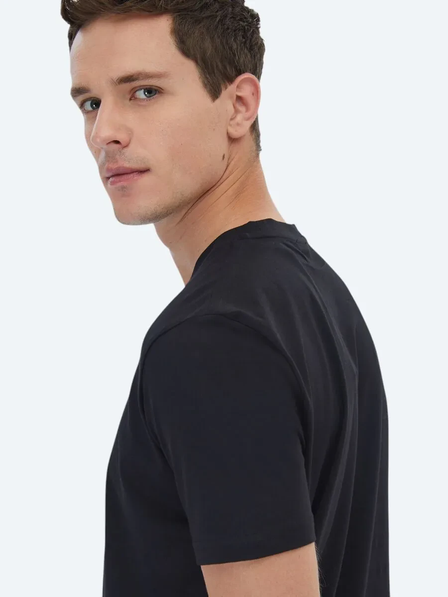 Siyah Baskılı Bisiklet Yaka %100 Pamuk T-Shirt - 4