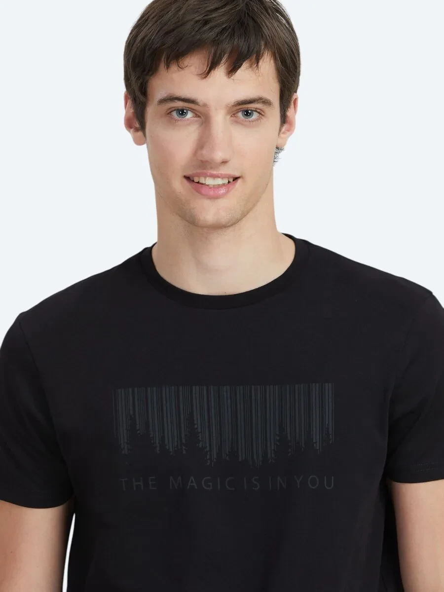 Siyah Baskılı Bisiklet Yaka %100 Pamuk T-Shirt - 3
